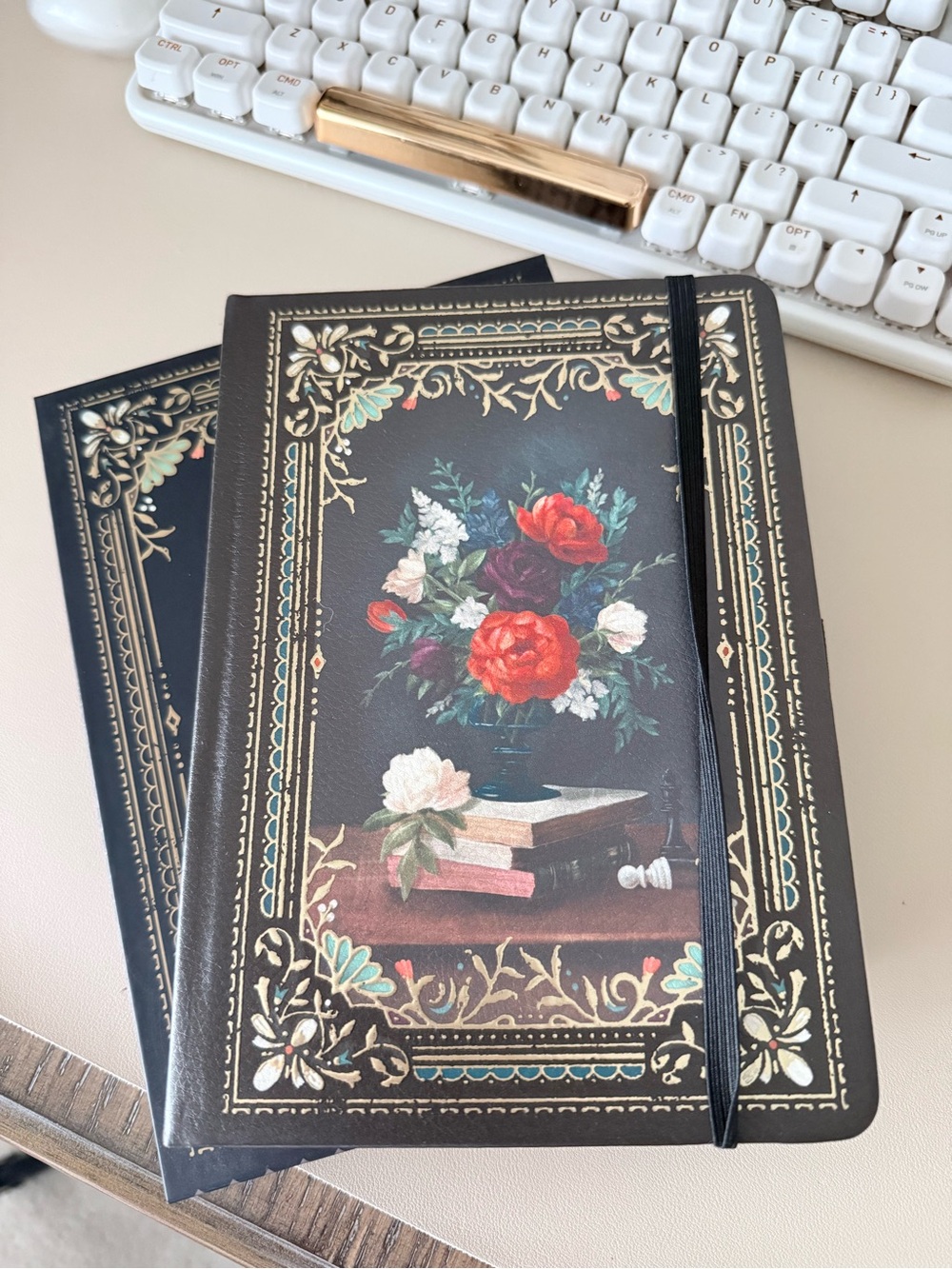 Archer & Olive Dot Grid Floral Hardcover Journal with Elastic Band - Black